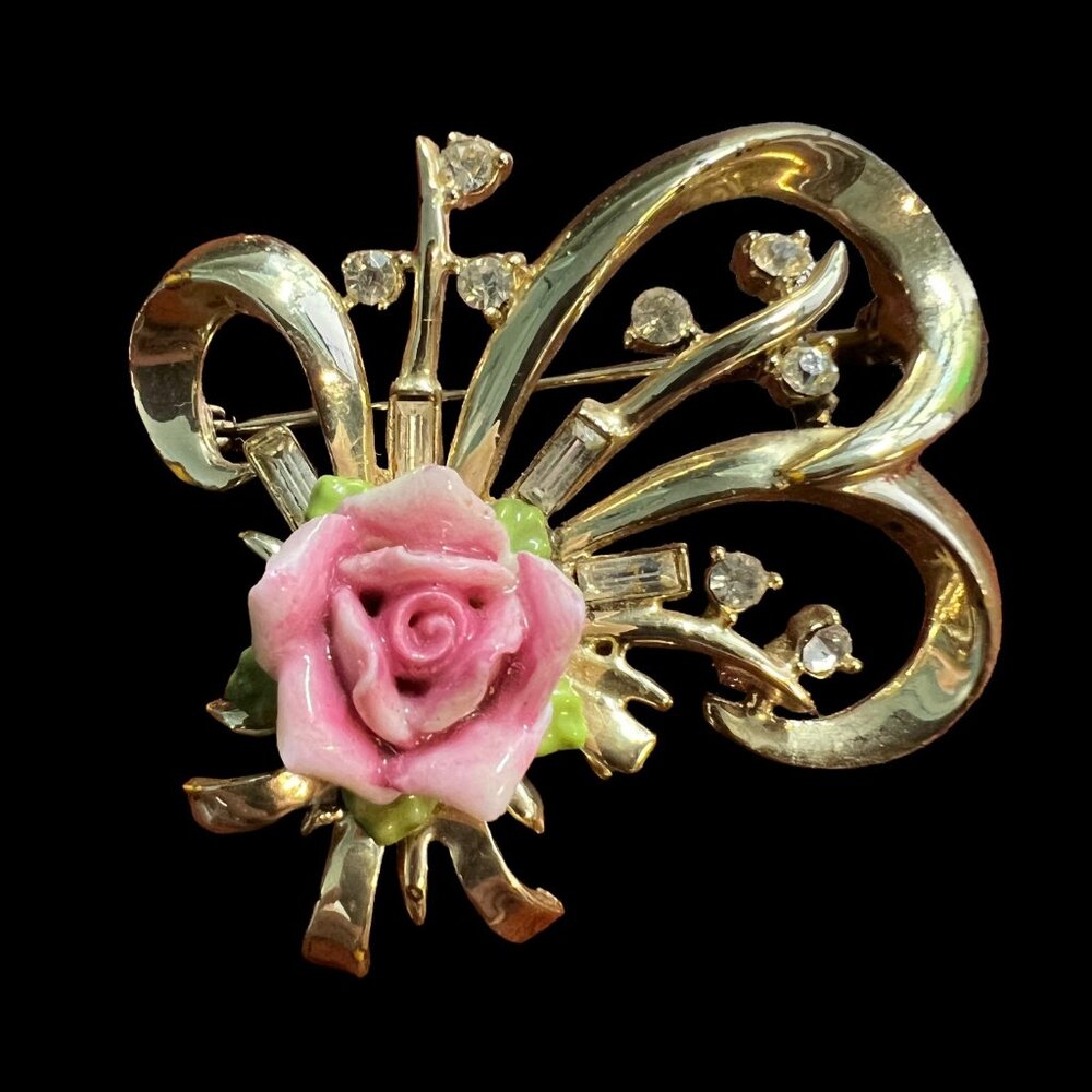 Freeform Brooch Crystal Porcelain Pink Enamel Rose Gold Tone Vintage Brooch